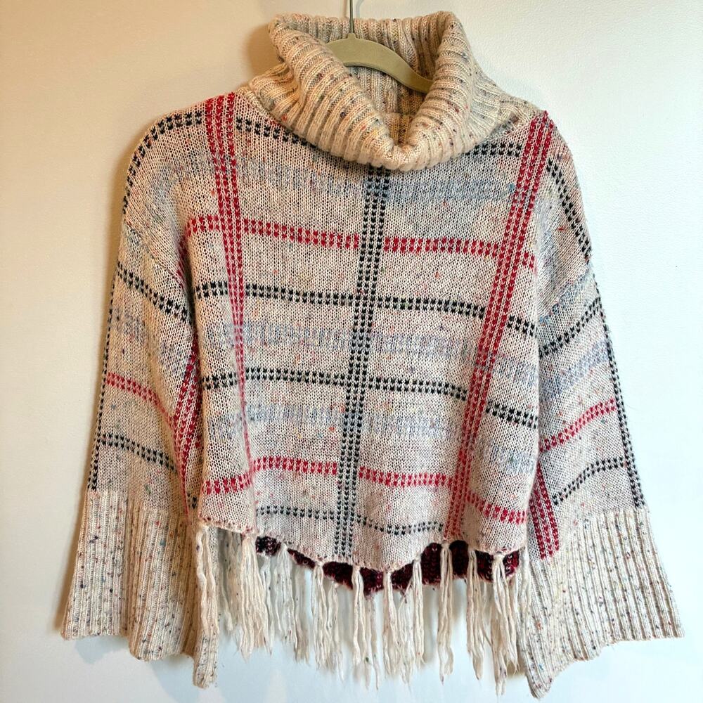 Angie Plaid Cowl Neck Fringe Poncho Sweater Size S Oversized Boho Knit Slouchy